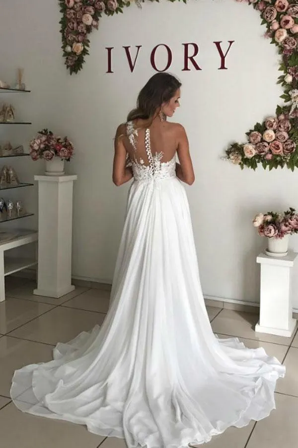 A-Line White Chiffon Appliques See Through Boho Wedding Dress WD344