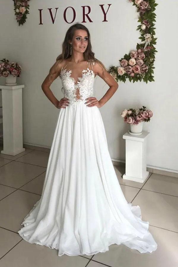 A-Line White Chiffon Appliques See Through Boho Wedding Dress WD344