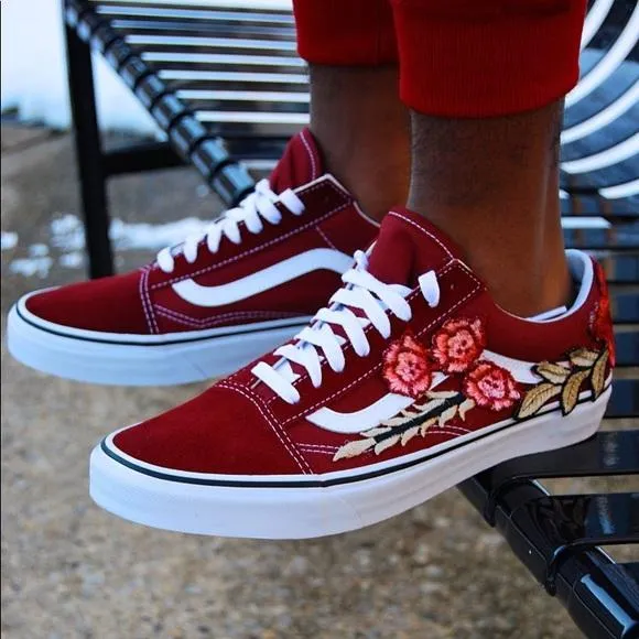 Custom Embroidered Rose Vans Stay Low Sneakers Shoes - (RED)