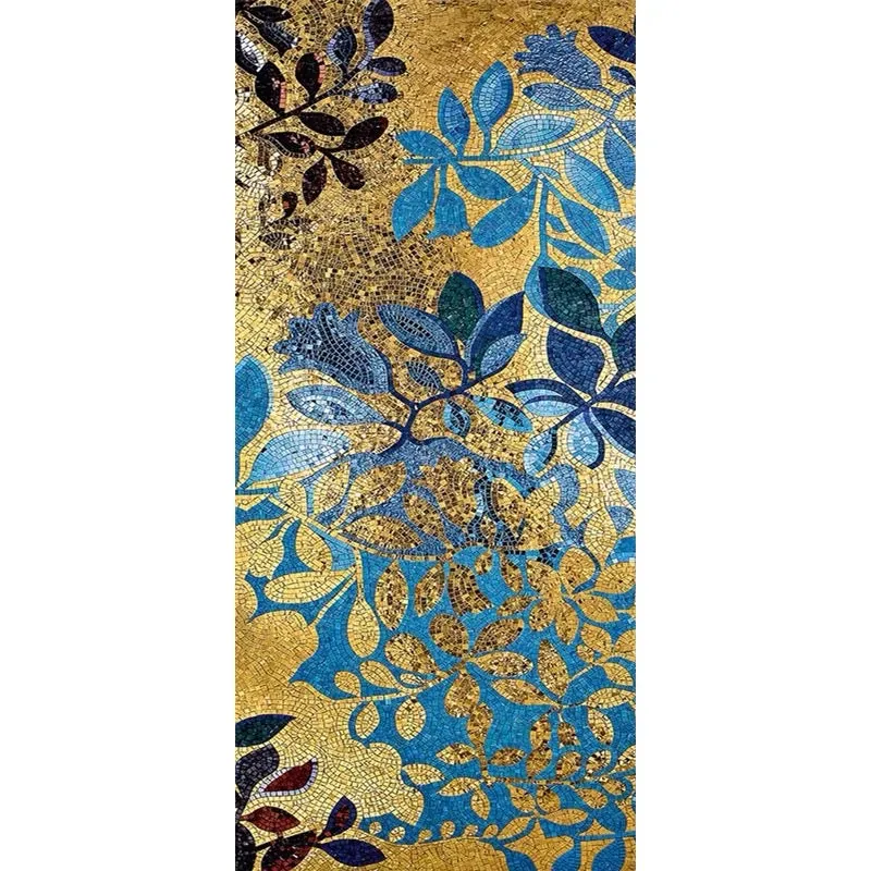 Custom Glass Mosaic Mural Blue Leaves Golden Background