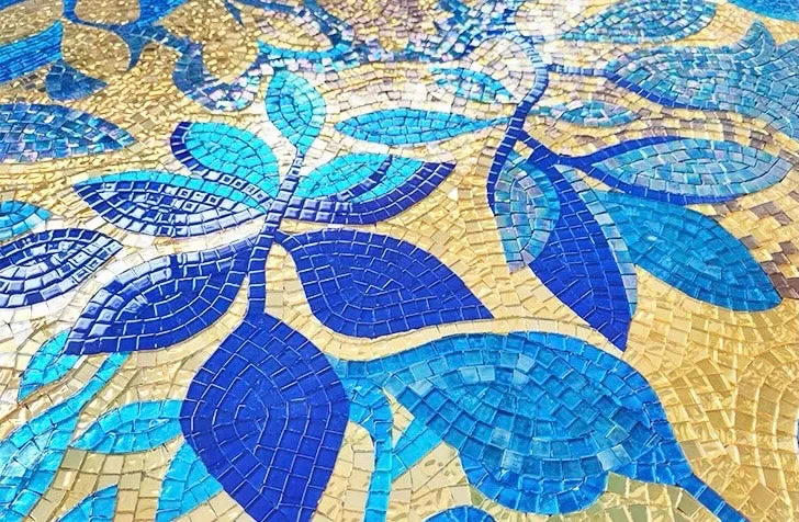 Custom Glass Mosaic Mural Blue Leaves Golden Background