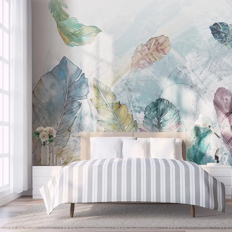 Custom Mural Wallpaper Watercolor Abstract Line Art Leaves (㎡)