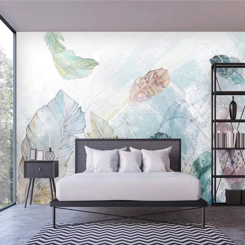 Custom Mural Wallpaper Watercolor Abstract Line Art Leaves (㎡)