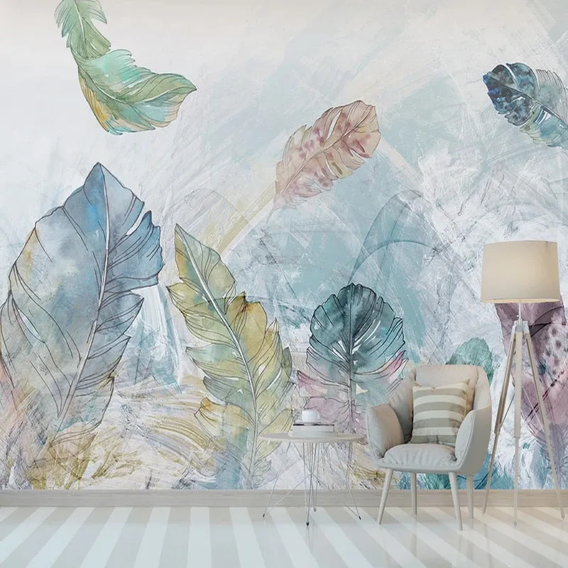 Custom Mural Wallpaper Watercolor Abstract Line Art Leaves (㎡)