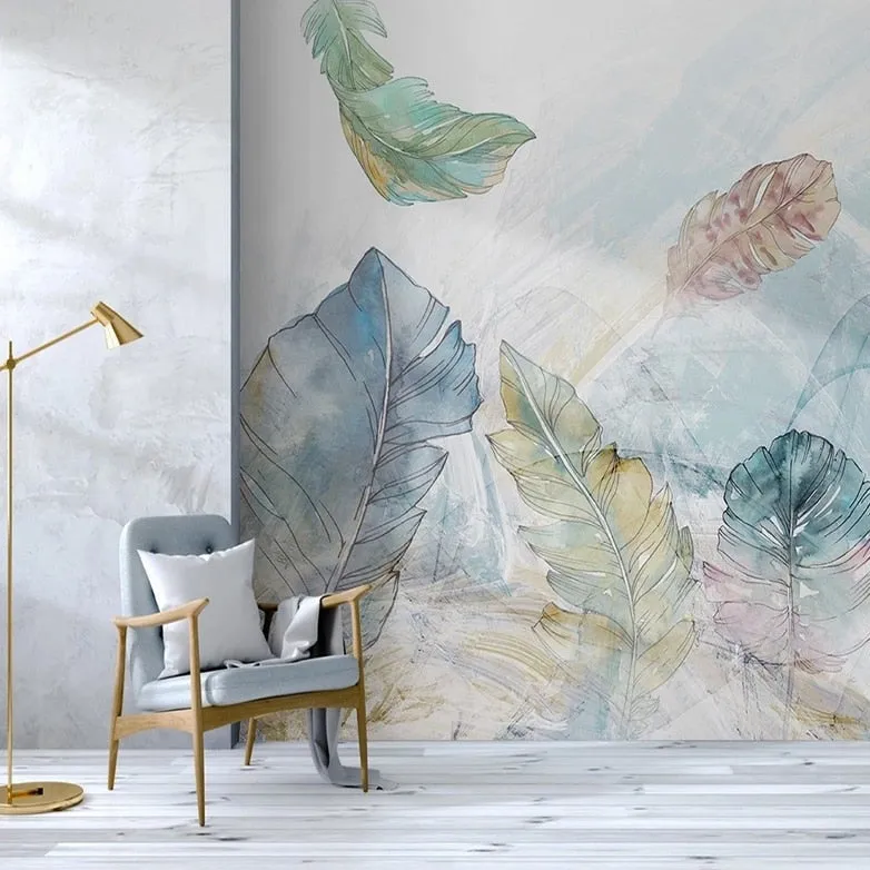 Custom Mural Wallpaper Watercolor Abstract Line Art Leaves (㎡)