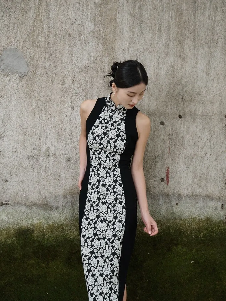 DaiYuan Black Embroidered Magnolia Print Modified Cheongsam