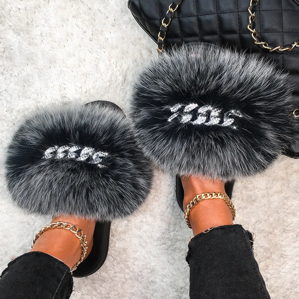 Fox Fur Diamond Chain Slides