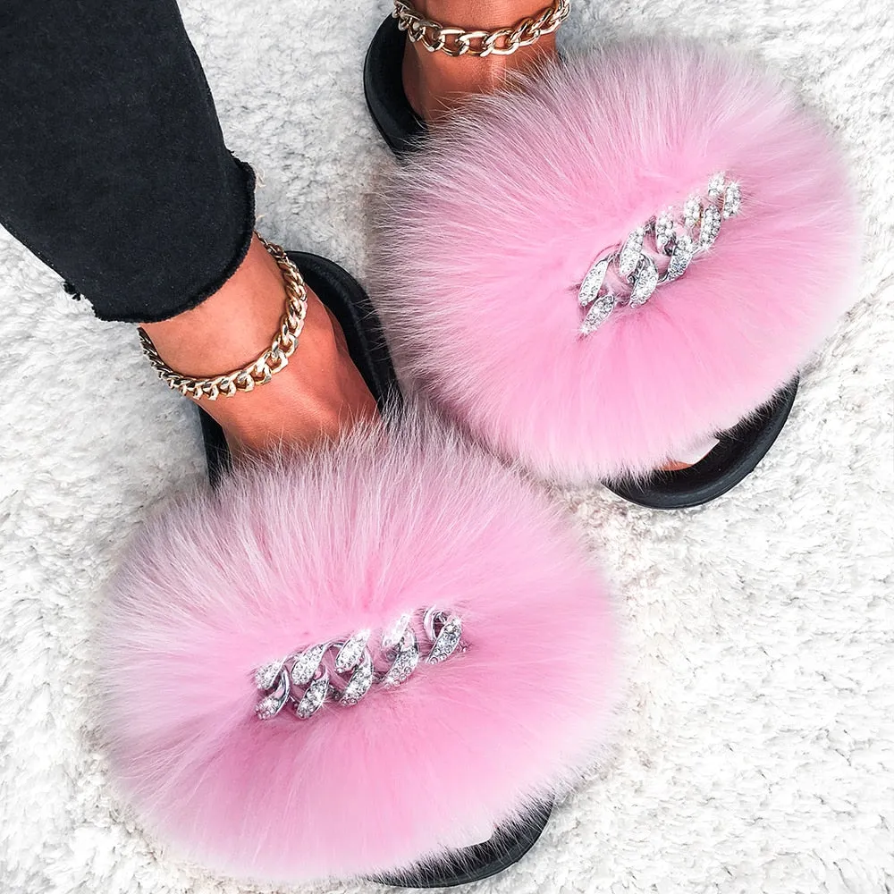 Fox Fur Diamond Chain Slides