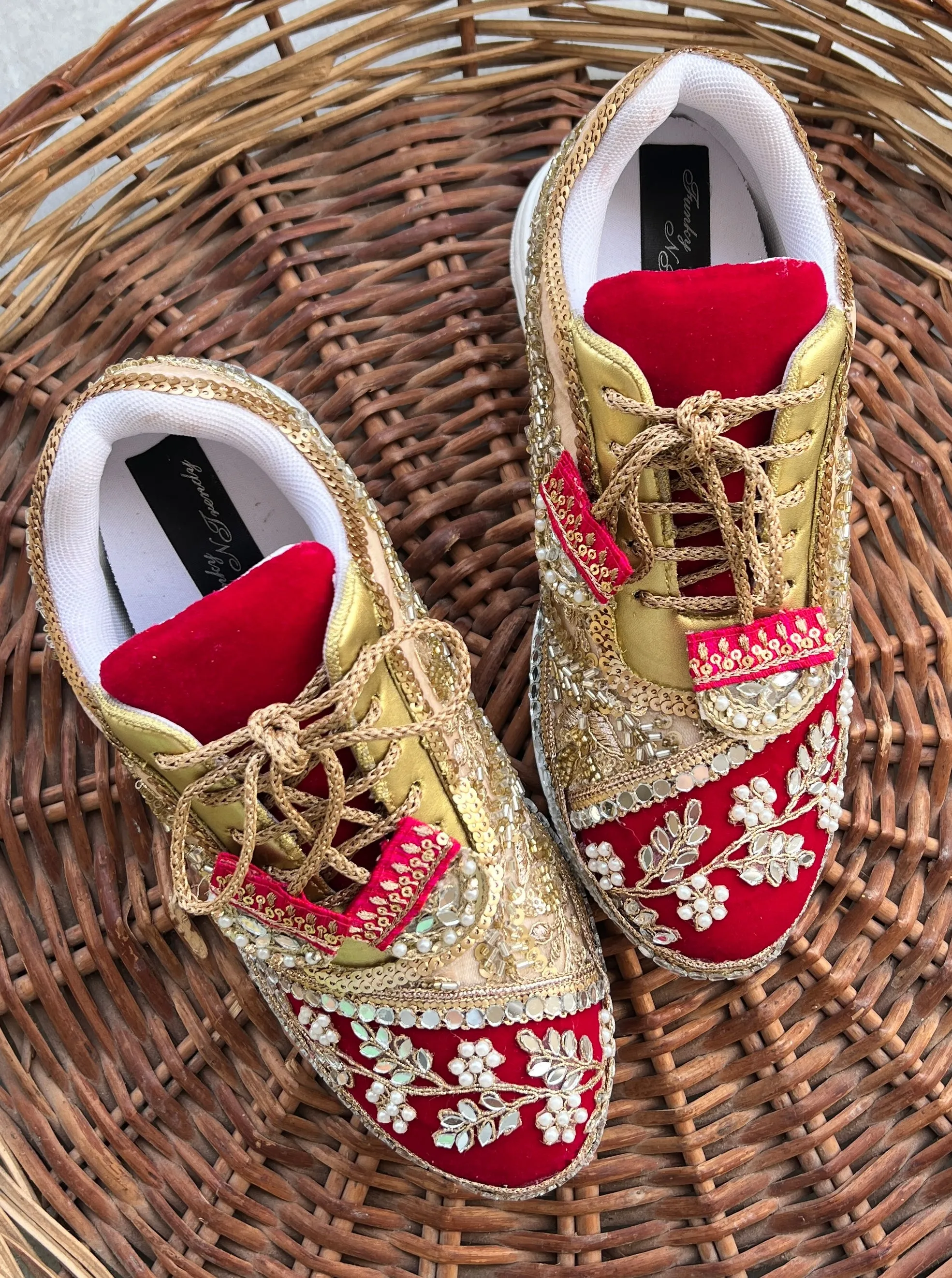 FUNKY N TRENDY red and gold sneakers for brides /bridesmaids / sneakers for bridesmaids/ handcrafted sneakers/ gold sneakers / bridal sneakers / bridesmaid sneakers/ gold sneakers / red shoes/ megenta shoes/ hot pink sneakers