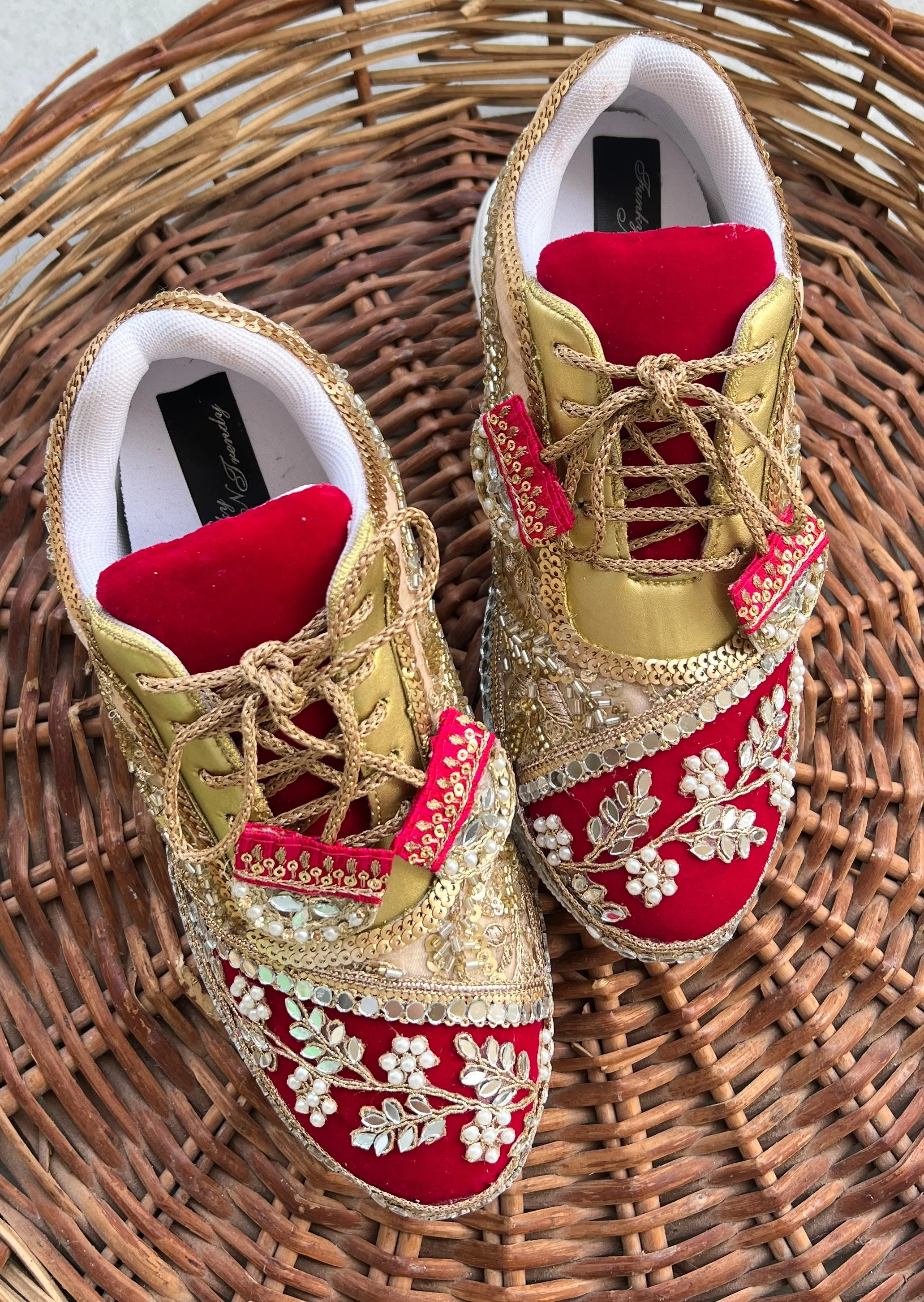 FUNKY N TRENDY red and gold sneakers for brides /bridesmaids / sneakers for bridesmaids/ handcrafted sneakers/ gold sneakers / bridal sneakers / bridesmaid sneakers/ gold sneakers / red shoes/ megenta shoes/ hot pink sneakers