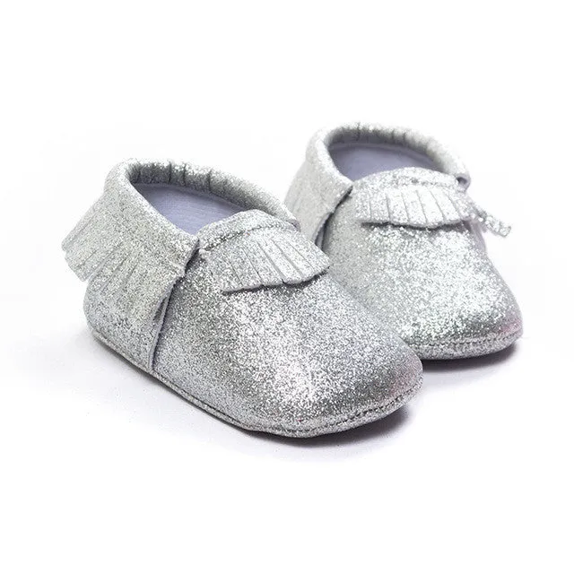 Romirus Bling New metallic Newborn Baby Boys Girls shoes Toddler Infant Shoes Tassel Baby Moccasins Christmas Gift Shoes 0-18M