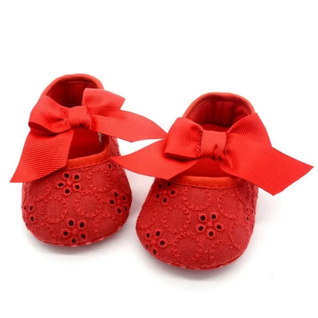 White Bowknot Baby Girl Lace Shoes Toddler Prewalker Anti-Slip First Walker Simple Baby Shoes