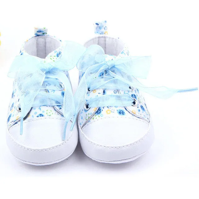 Wholesales Baby Shoes Flower Ribbon Baby Girl Sneaker Lace Up Soft Sole Prewalkers