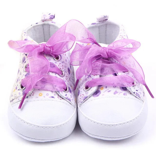 Wholesales Baby Shoes Flower Ribbon Baby Girl Sneaker Lace Up Soft Sole Prewalkers